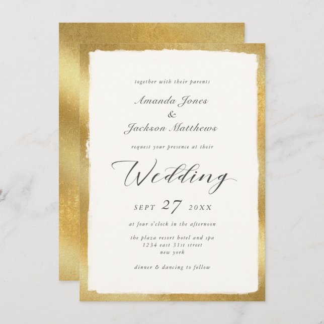 Elegant Script with Gold Edge Semi Formal Wedding Invitation (Front/Back)