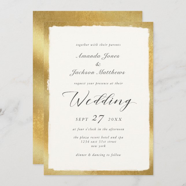 Elegant Script with Gold Edge Semi Formal Wedding Invitation (Front/Back)