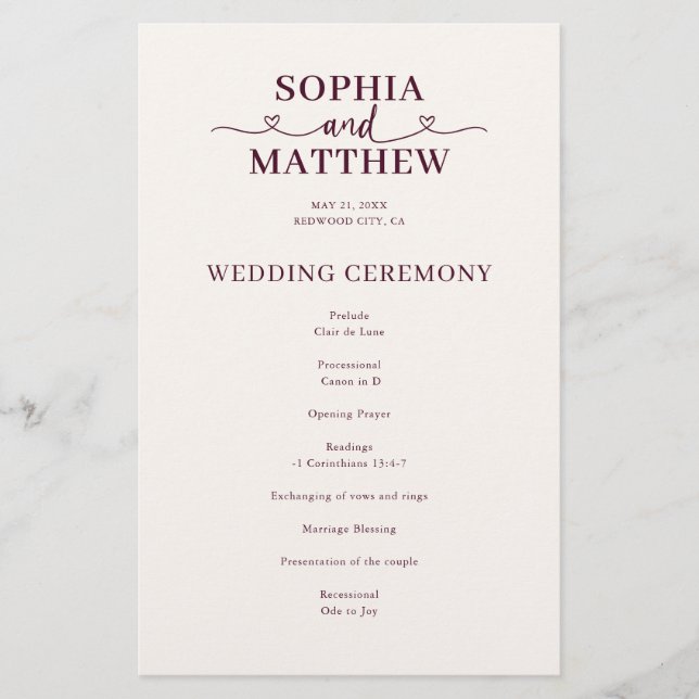 Elegant Script with Heart Wedding Program (Front)