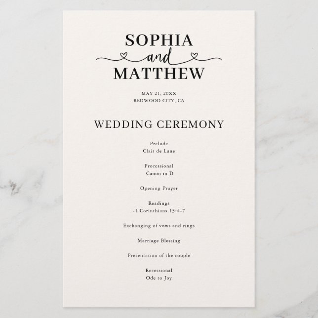 Elegant Script with Heart Wedding Program (Front)
