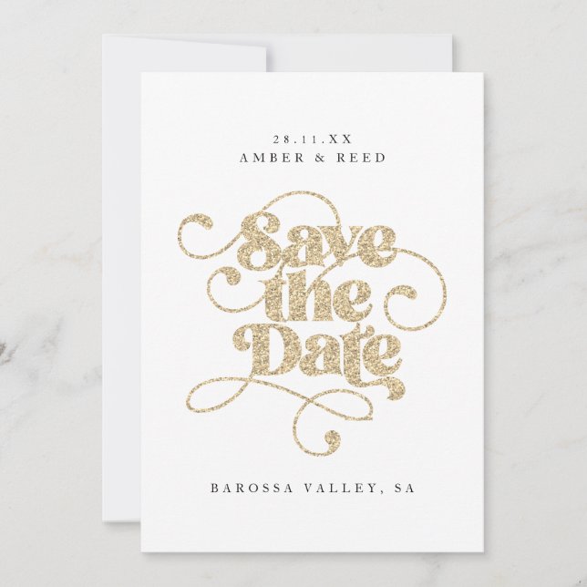 Elegant Script Words Gold Faux Glitter  Save The Date (Front)