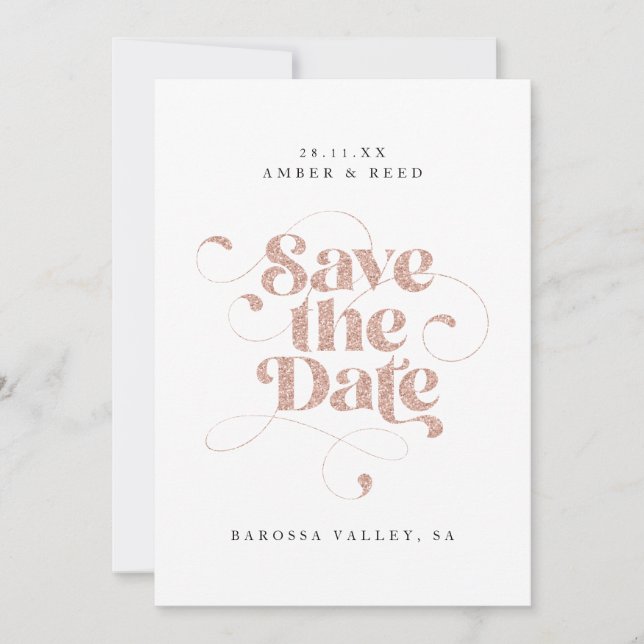 Elegant Script Words Rose Gold Faux Glitter Save The Date (Front)