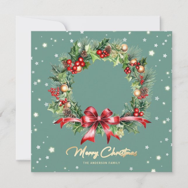 Elegant Script Wreath Green Photo Merry Christmas Holiday Card (Front)