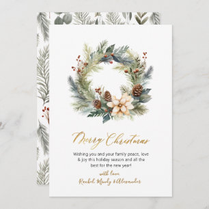 Elegant Script Wreath Greenery Christmas Card