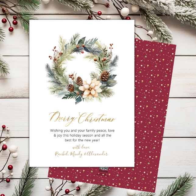 Elegant Script Wreath Greenery Christmas Card (Creator Uploaded)