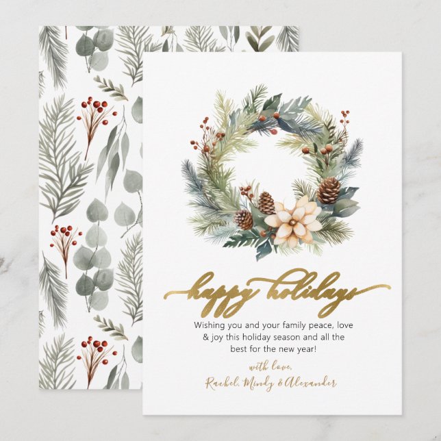 Elegant Script Wreath Greenery Happy Holidays Card (Front/Back)