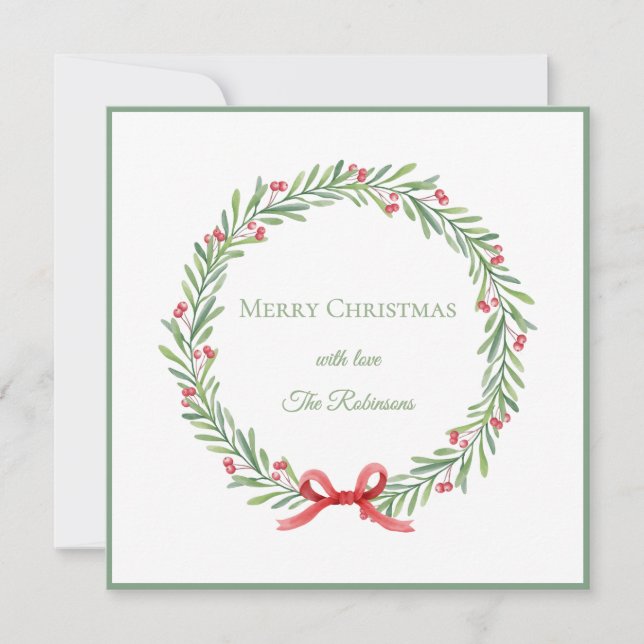 Elegant Script Wreath Merry Christmas Holiday Card (Front)