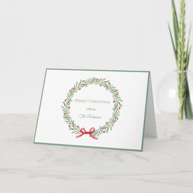 Elegant Script Wreath Merry Christmas Holiday Card (Front)
