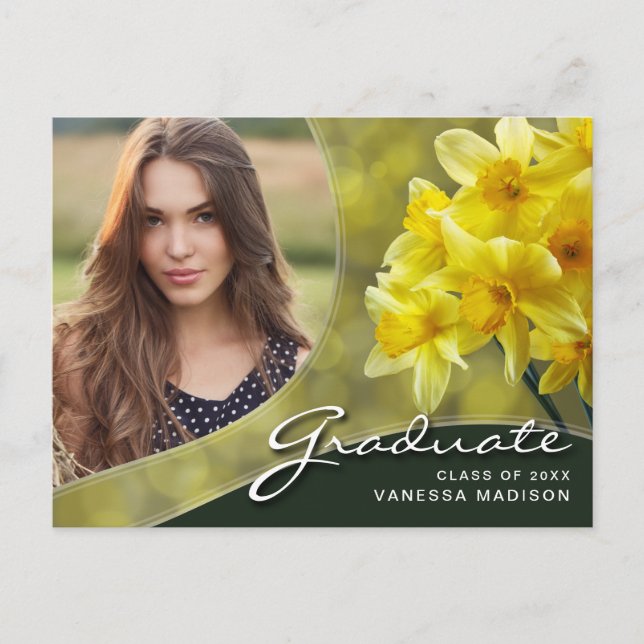 Elegant Script Yellow Flowers | Modern Photo Grad Postcard (Front)