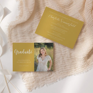 Elegant Script Yellow Gold Photo Graduation Invitation
