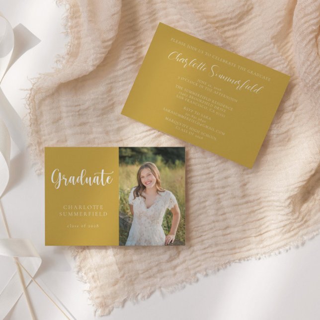 Elegant Script Yellow Gold Photo Graduation Invitation (Creator Uploaded)