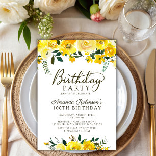 Elegant  Script Yellow Rose Floral 100th Birthday Invitation
