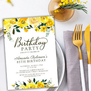 Elegant  Script Yellow Rose Floral 85th Birthday Invitation