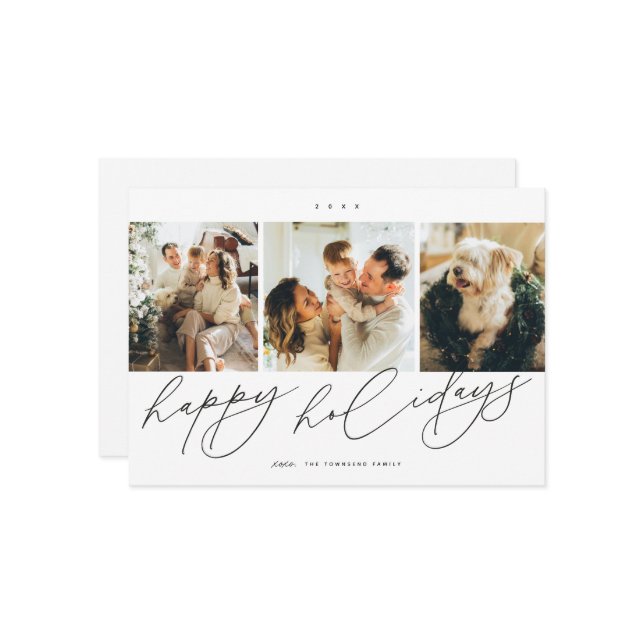 Elegant Scripted Happiest Holidays 3 Family Photo Holiday Card (Front/Back In Situ)