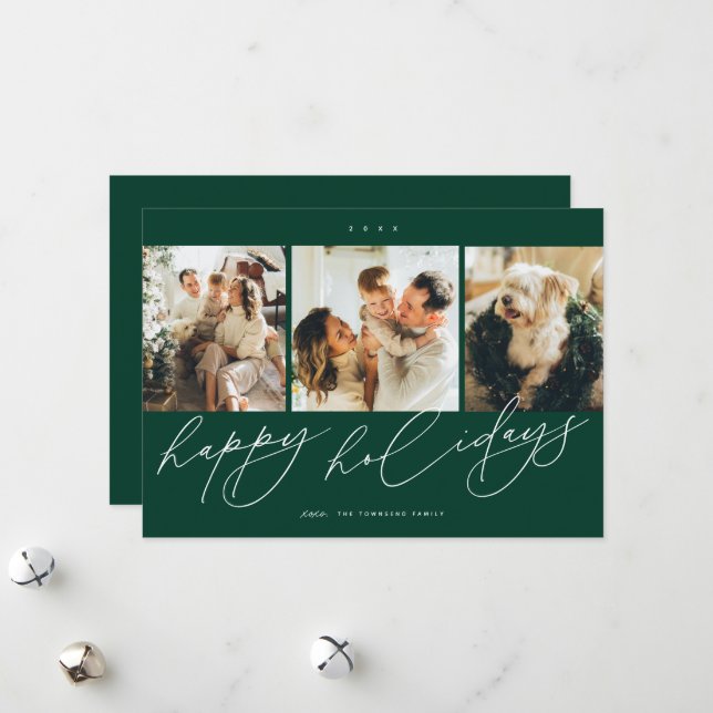 Elegant Scripted Happiest Holidays 3 Family Photo Holiday Card (Front/Back In Situ)