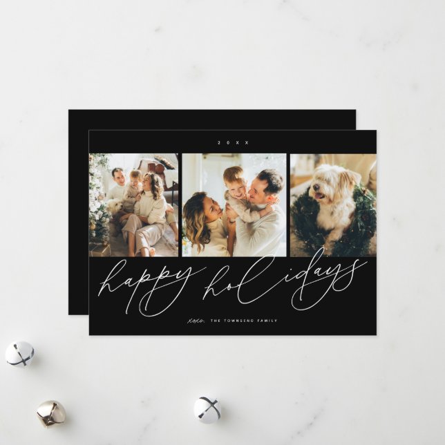 Elegant Scripted Happiest Holidays 3 Family Photo Holiday Card (Front/Back In Situ)