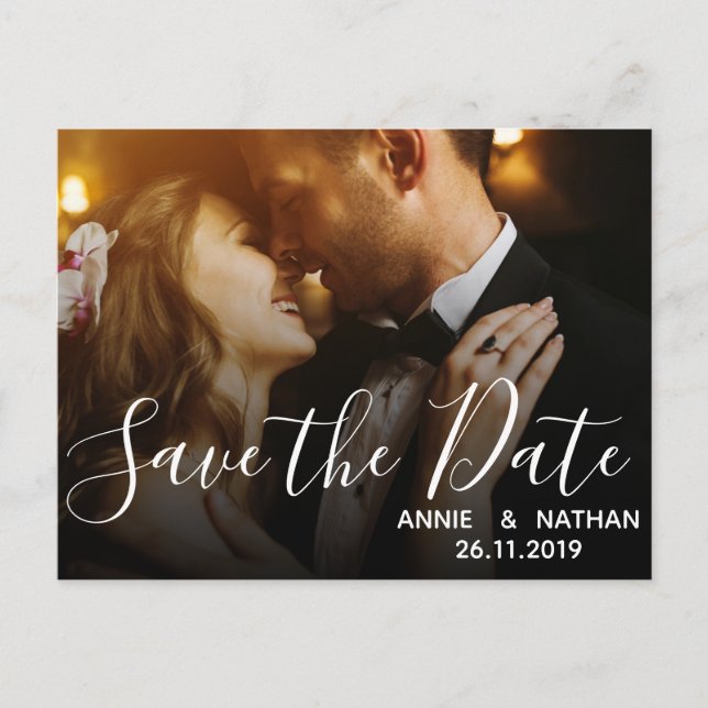 Elegant Scrit Wedding Photo Save the Date Postcard (Front)
