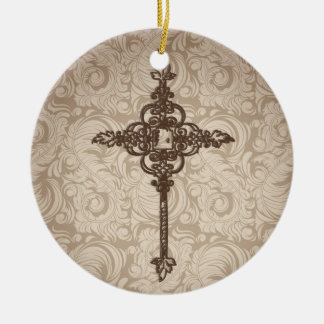 Elegant Scroll Christian Cross w/Swirl Background Ceramic Tree Decoration