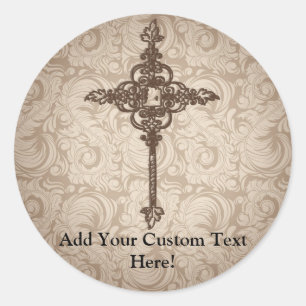 Elegant Scroll Christian Cross w/Swirl Background Classic Round Sticker