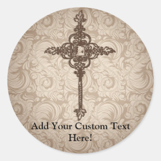 Elegant Scroll Christian Cross w/Swirl Background Classic Round Sticker