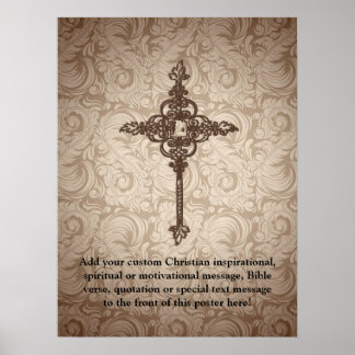 Elegant Scroll Christian Cross w/Swirl Background Poster