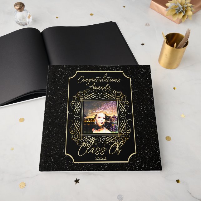 Elegant Scroll + Gold Dots Congratulation Class of Guest Book (Front Open)