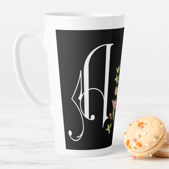 Elegant Scroll Monogram with Floral Twig Latte Mug (In Situ)