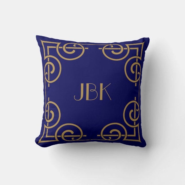 Elegant Scrolled Border, Monogram, Gold on Navy Cushion (Front)