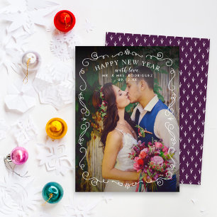 Elegant Scrolls Happy New Year Plum Purple Photo Holiday Card