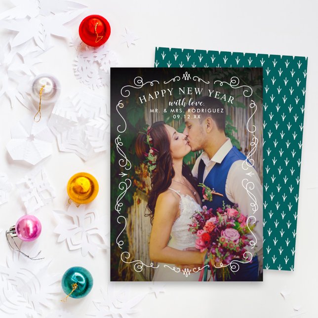 Elegant Scrolls Happy New Year Teal Green Photo Holiday Card (Creator Uploaded)