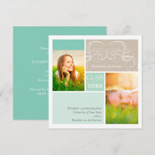 Elegant Scrolls Mint Two Photo Graduation Party Invitation