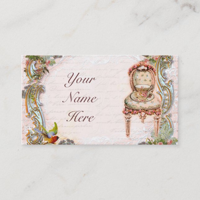 Elegant Scrolls & Pink Roses & Teacup Business Card (Front)