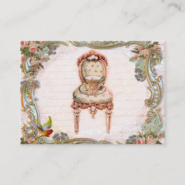 Elegant Scrolls & Pink Roses & Teacup Business Card (Front)
