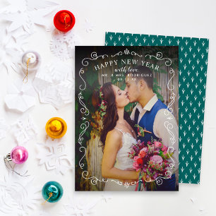 Elegant Scrolls Teal Newlywed New Year Photo Holiday Card