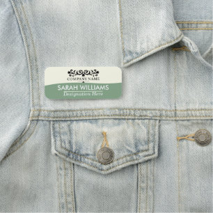 Elegant Scrollwork Cream Sage Name Tag