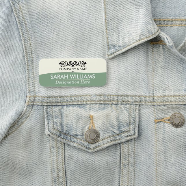 Elegant Scrollwork Cream Sage Name Tag (In Situ)