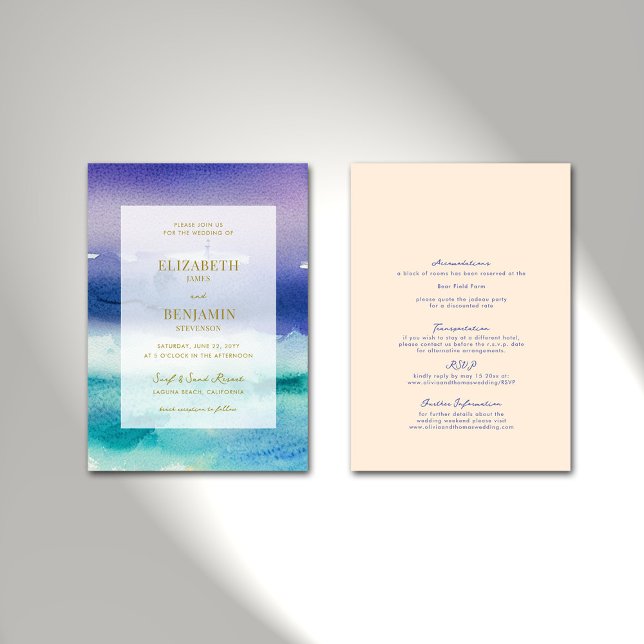 Elegant Sea Blue Purple All in One Beach Wedding Invitation (Creator Uploaded)
