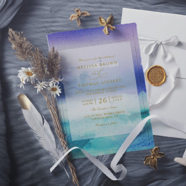 Elegant Sea Blue Purple Beach QR Code Wedding Invitation (Creator Uploaded)