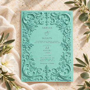 Elegant Sea Foam Faux Embossed Baroque Wedding Invitation