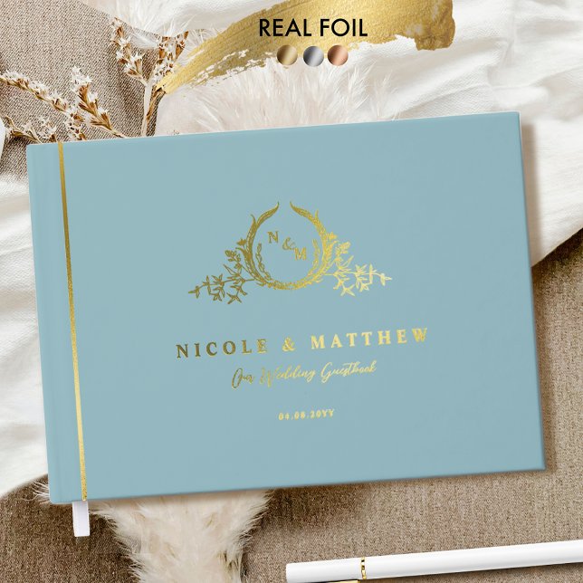 Elegant Sea Glass and Real Foil Monogram Wedding Guest Book (Creator Uploaded)
