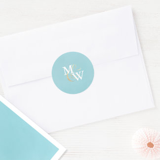 Elegant Sea Glass Monogram Gold Ampersand Wedding Classic Round Sticker