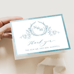 Elegant Sea Glass Monogram, Watercolor Wedding Thank You Card