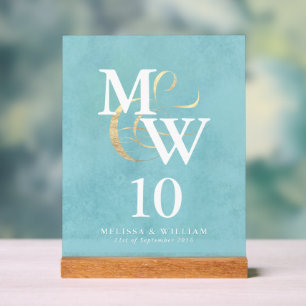 Elegant Sea Glass Monogram Wedding Table Number Acrylic Sign