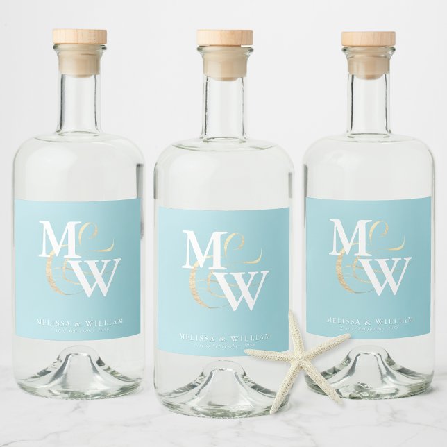 Elegant Sea Glass Teal White Monogram Wedding  Liquor Bottle Label (Creator Uploaded)