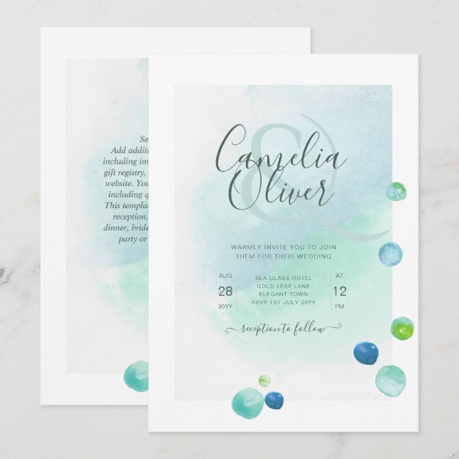 Elegant Sea Glass Watercolor Boho Wedding Invitati Invitation (Front/Back)