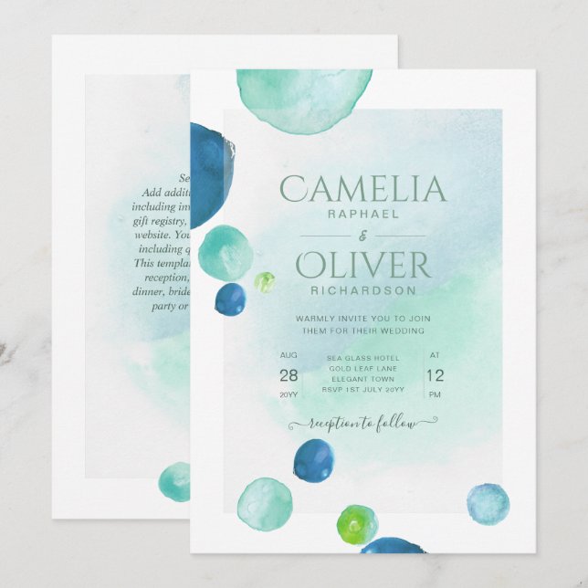Elegant Sea Glass Watercolor Boho Wedding Invitati Invitation (Front/Back)