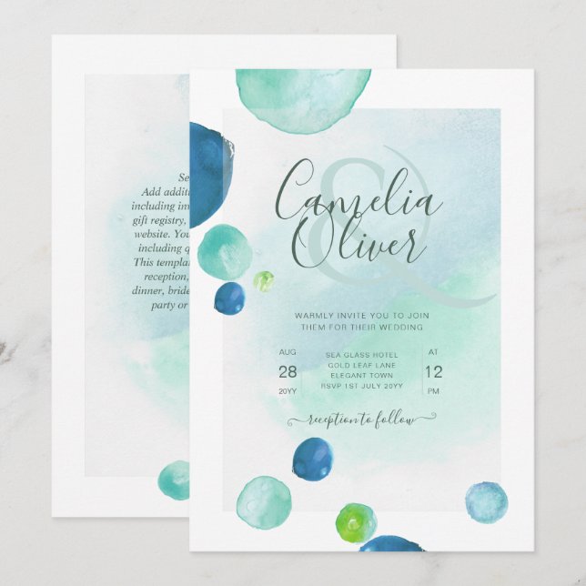 Elegant Sea Glass Watercolor Boho Wedding Invitation (Front/Back)