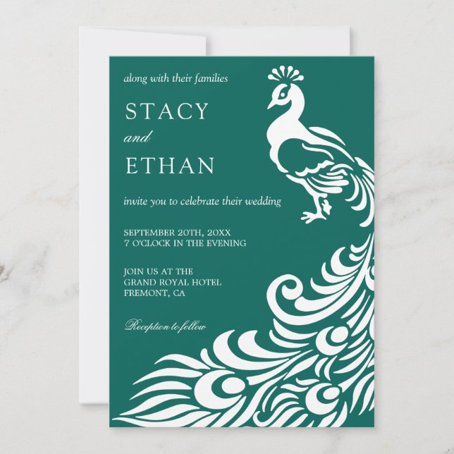 Elegant Sea Green and White Peacock Wedding Invitation (Front)