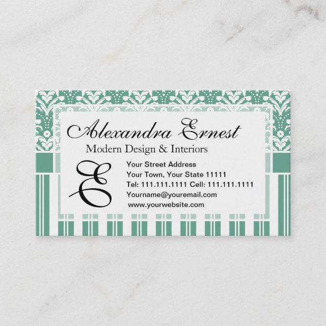 Elegant Sea Green Damask with Your Monogram Business Card (Front)