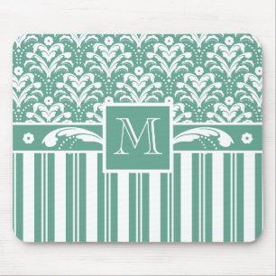 Elegant Sea Green Damask with Your Monogram Mouse Mat
